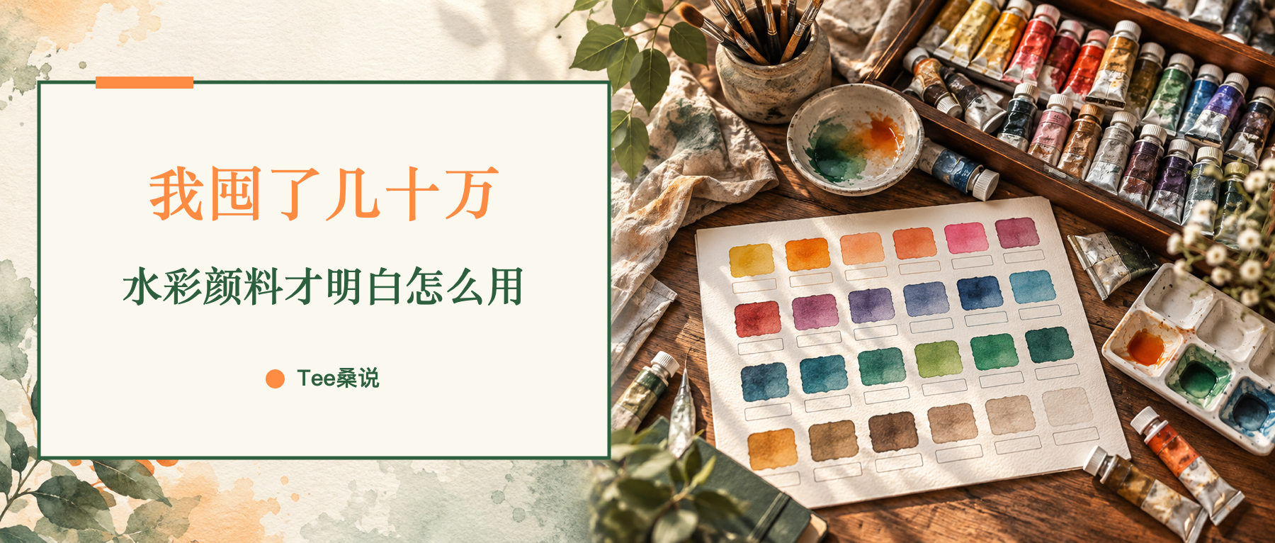 Cover for the watercolor paints article: a watercolor-style illustration of paint tubes, a palette, and color swatches on paper