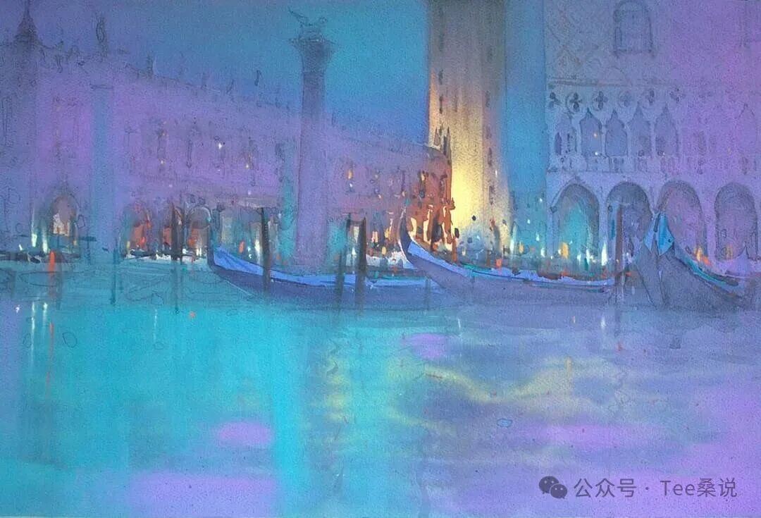 蓝紫色建筑、水面与船只的水彩画，原文署名 ins@5.eugengorean