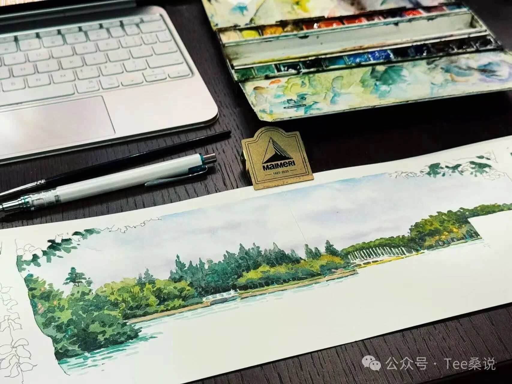 水彩练习桌面与湖边写生画