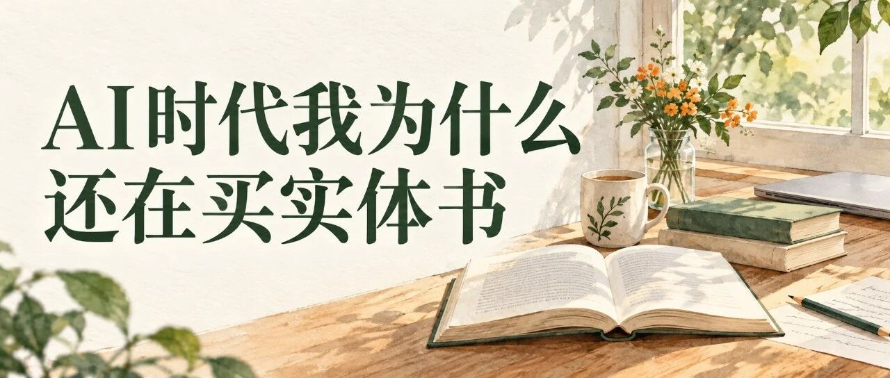 窗边木桌上的书、铅笔和杯子,题字AI时代我为什么还在买实体书
