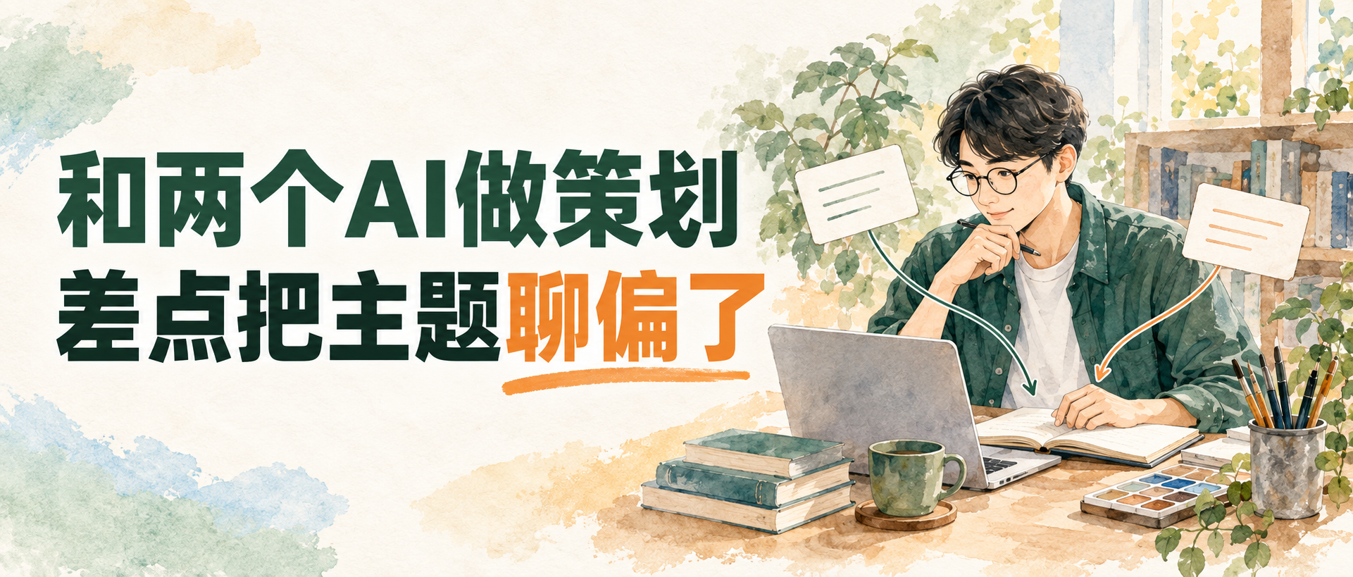 和两个AI做策划，差点把主题聊偏了，水彩风格的创作者坐在电脑和笔记本前思考