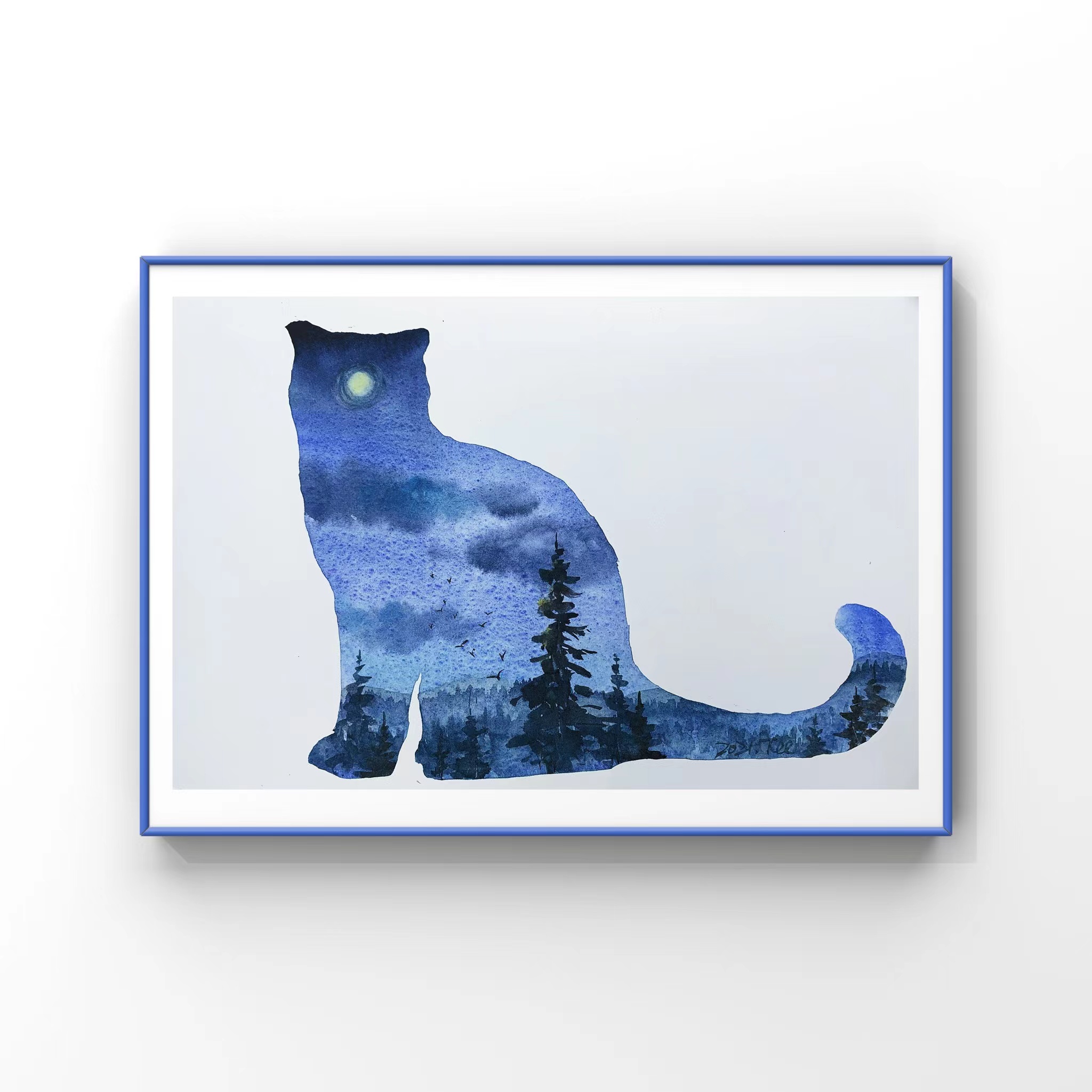 Tee桑的三木水彩画，猫的轮廓中有蓝色森林和月亮
