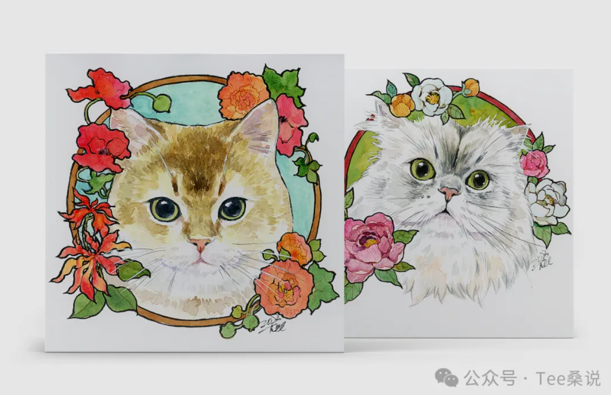 金色短毛猫与白色长毛猫的花卉水彩定制作品