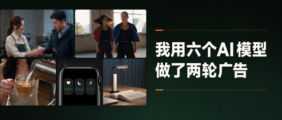 六个AI视频模型广告实测封面,包含咖啡馆、街舞、智能手表与桌面灯画面