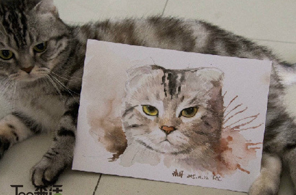 Sanmu lying beside his watercolor portrait, his tabby markings echoed in the painting