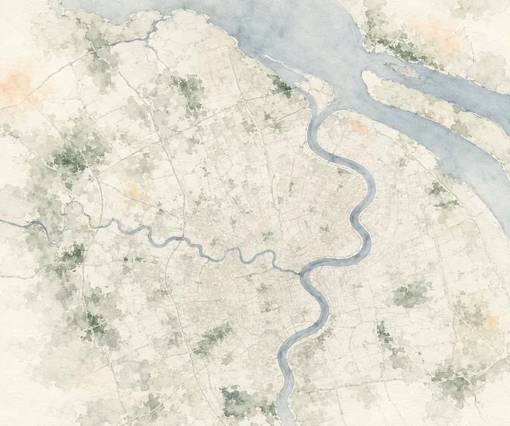 上海水彩地图，蓝灰色河流穿过浅绿色城市肌理