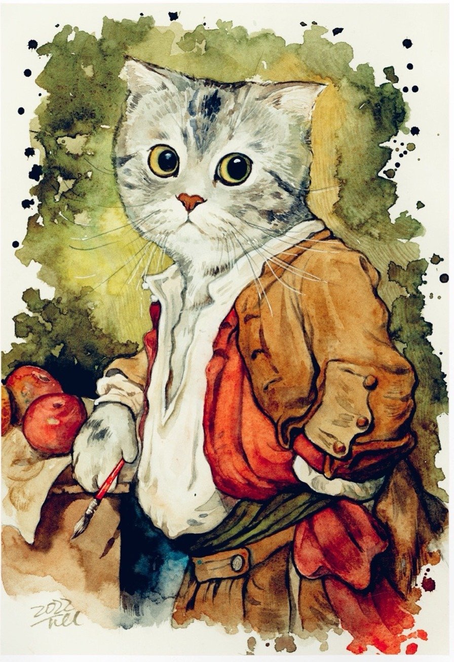 Tee桑把三木画成手持画笔的画家形象水彩作品