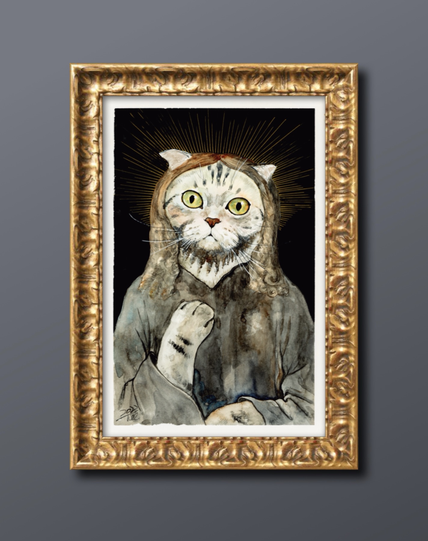 Sanmu dressed as a classical figure inside a golden frame