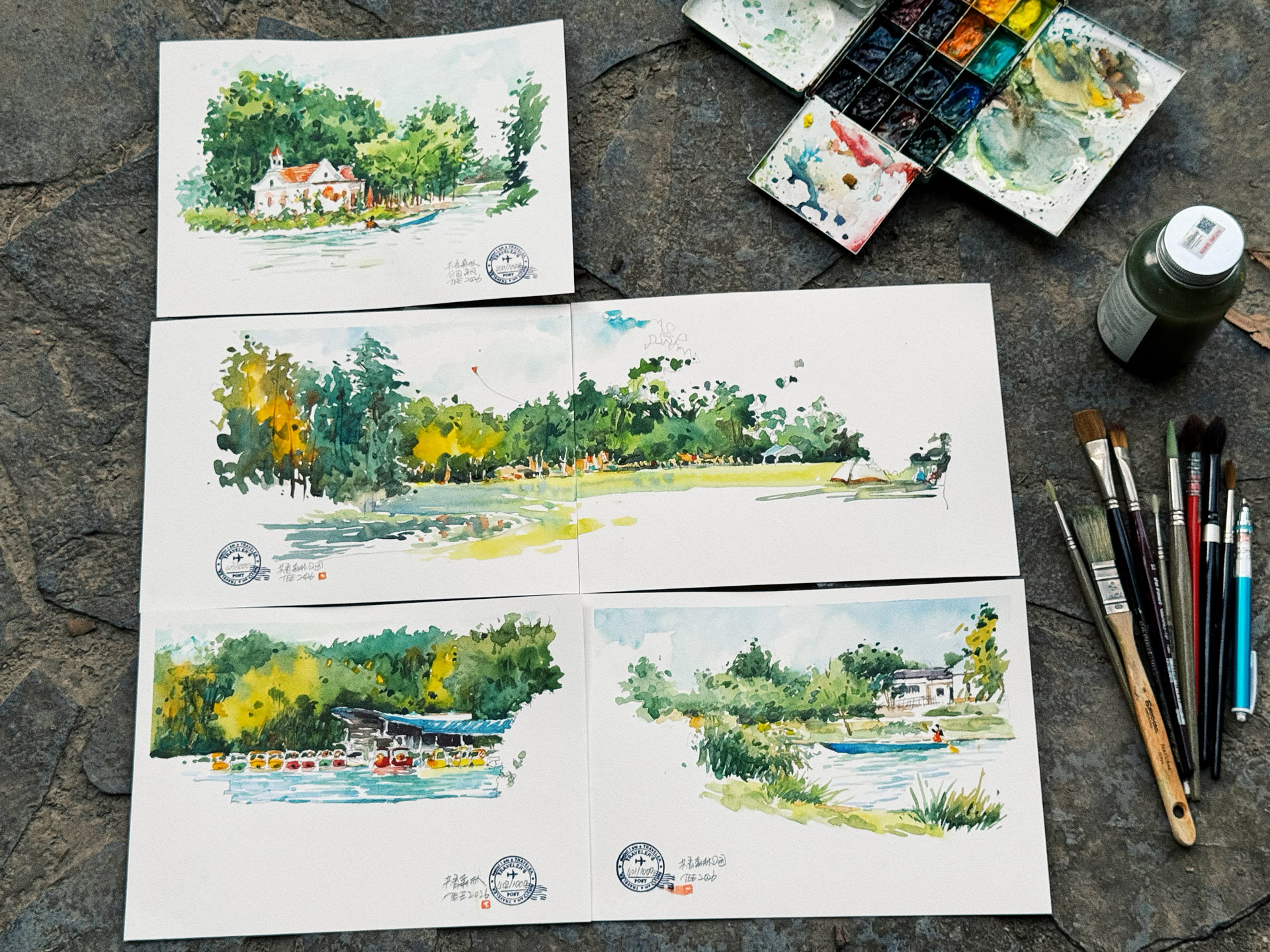 Gongqing Forest Park · Four watercolors with the supplies I carried